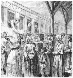 American railroad fare is not much better today than in the nineteenth century. Travelers on the Chesapeake & Ohio line were obliged to buy their bad coffee, railroad cakes, hardtack, and Sally Lunns from vendors who congregated at stations along the way. FROM JOHN BACHELDER'S POPULAR RESORTS (BOSTON, 1875). ROUGHWOOD COLLECTION.