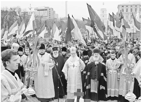 In Kiev, Ukrainian Orthodox priests hold a commemorative service in 2003 to mark the seventieth anniversary of the Soviet-imposed Ukrainian famine/genocide (19321933). The death toll from the famine has been estimated at between six and seven m