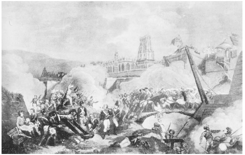 Last battle of Tipu Sultan. Print depicts Tipu Sultans final stand against the British in the South of India. After his death in this skirmish in 1799, he was replaced by a compliant descendant of the earlier Hindu leaders. Such regime change b