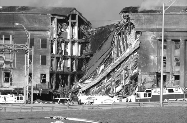 A view of the Pentagon in Washington, D.C., one day after the terrorist attack on September 11, 2001. (U.S. Air Force)