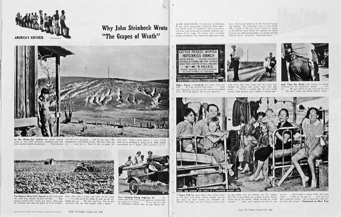 This spread from the August 20, 1939, issue of Look magazine shows ruined croplands, abandoned houses, automobiles loaded with household goods, and people living in destitute conditions in migrant labor camps.