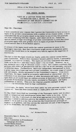 Copy of a letter from President Richard Nixon invoking executive privilege, July 23, 1973.