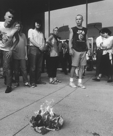 Protestors burning an American flag at the Republican National Convention in Dallas, Texas, 1984.