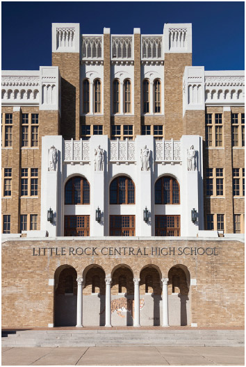 The number of high schools in the United States grew rapidly between 1910 and 1940. The exterior of Little Rock Central High School, built in 1927 in Little Rock, Arkansas, is shown here.