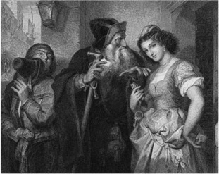 Shylock speaks to Jessica while Launcelot looks on in this 19th-century depiction of Act II, Scene 5 of The Merchant of Venice.