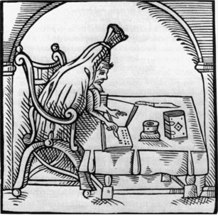 Woodcut showing Robert Greene writing at his desk from the 1598 pamphlet Greene in Conceipt. Robert Greene alludes to Shakespeare in his 1592 Greenes Groatsworth of Wit.