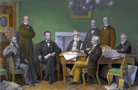 President Abraham Lincoln and his cabinet review the Emancipation Proclamation on July 22, 1862. The executive order, which declared the freedom of all slaves in the states that had seceded from the Union, was officially issued on January 1 of the following year.