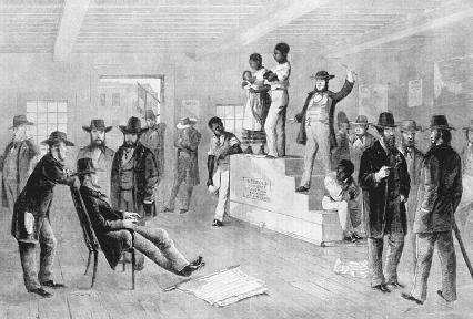 An engraving of a slave auction, Charleston, South Carolina, 1861