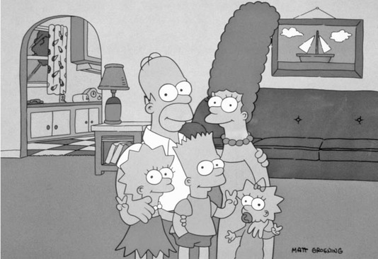 Cartoon bad boy Bart Simpson and family; left to right, Lisa, Homer, Bart, Marge, and Maggie, stars