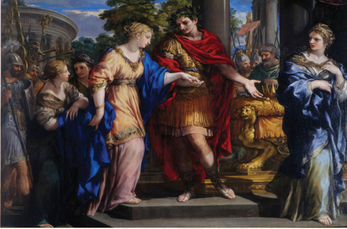 Julius Caesar leads Cleopatra back to the throne of Egypt, as depicted in this seventeenth-century painting. Cleopatra came to power with Caesars help and gained acceptance as Egypts rightful pharaoh, but she also has the distin