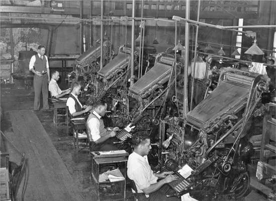 Typesetters work at their keyboards at the Chicago Defender, an African American newspaper founded in Chicago in 1905. The Defender was the most influential African American newspaper in the United States during the early and
