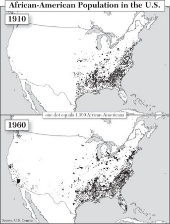 A comparison of the African American population in 1910 and 1960 shows a general shift northward and into urban areas.