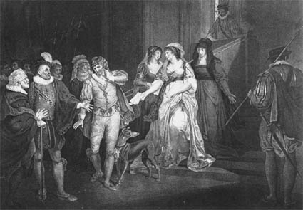 An engraving of Act V, scene iii, with the King, the Countess of Rossillion, Lafew, Betram, Helena, and Diana
