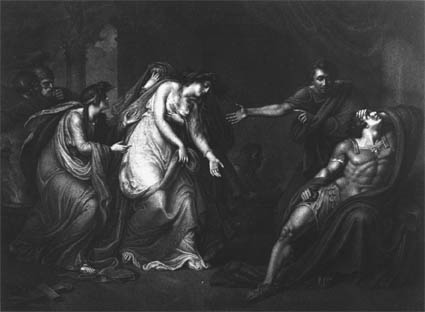 Antony and Cleopatra, with Charmian, Iras, and Eros in Act III, scene xi