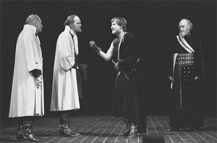 John Burgess as Sicinius Velutus, Oliver Ford-Davies as Junius Brutus, Alan Howard as Coriolanus, and Graham Crowden as Menenius in Act II, scene ii at the Aldwych Theatre, London, 1979