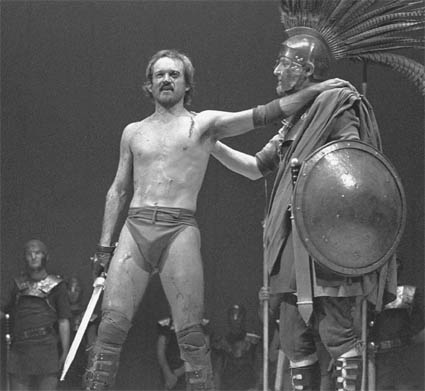 Ian Hogg as Coriolanus in Act I, scene v, at Royal Shakespeare Theatre, Stratford-upon-Avon, 1972