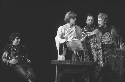 Timothy Dalton as Henry Percy, Simon Templeman as Edmund Mortimer, John Franklyn-Robbins as Thomas Percy, and Bernard Lloyd as Owen Glendower in Act III, scene i, at the Barbican Theatre, London, 1982