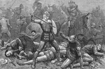 The Duke of Alencon crouching in defeat to Henry V at the Battle of Agincourt
