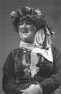 Patricia Routledge as Mistress Quickly in Henry V at the Royal Shakespeare Theatre, Stratford-upon-Avon, England, 1984