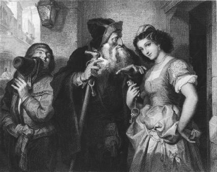 Launcelot, Shylock, and Jessica from Act II, scene v