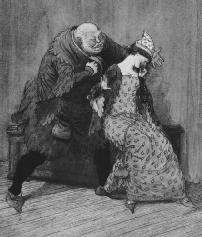 Illustration of Sir John Falstaff and Mistress Ford in Act III, scene iii, by Hugh Thompson, 1910