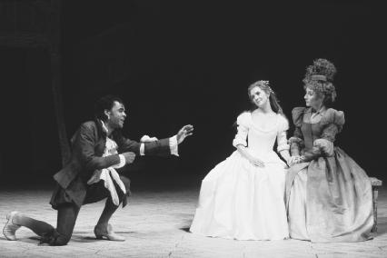 Peter De Jersey as Fenton, Catherine Mears as Anne Page, and Gemma Jones as Mistress Meg Page, in Act III, scene iv, at the Royal Shakespeare Theatre, 1992