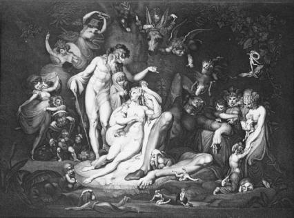 Oberon, Puck, Titania, Bottom, and fairies, Act IV, scene i