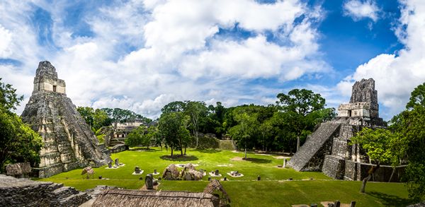 Mayan Temples of Gran Plaza or Plaza Mayor at Tikal National Park in Guatemala.