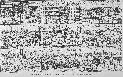 Pictorial depiction of the Great Plague (circa 1665). The top left scene is in a bedchamber with a person laid out on the floor and a coffin. A scene on the middle right shows a mass grave site. In the very center, people are shown carrying cof