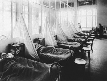 Influenza patients in a U.S. Army Camp Hospital in Aix-les-Baines, France, 1918. Soldiers returning home from World War I helped fuel the spread of influenza into one of the largest and deadliest pandemics in human history.