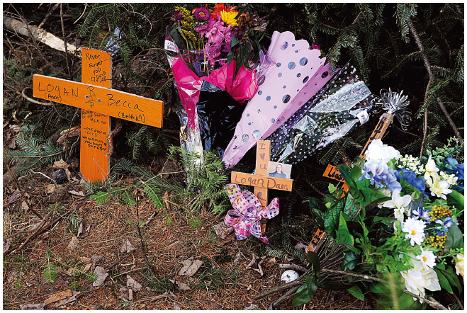 Flowers placed by friends and family members of two teens are seen at the site of the auto accident that killed them both. The driver was drinking and texting while driving. Alcohol impairs reflexes and slows response times, and when coupled wi