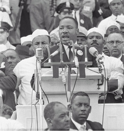 Dr. Martin Luther King Jr. delivers his famous I Have a Dream speech at the Lincoln Memorial in Washington, D.C., on August 28, 1963.