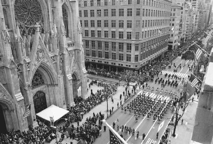 The St. Patrick's Day Parade making its way past St. Patrick's Cathedral in New York on March 17, 2001. Reproduced by permission of AP/Wide World Photos.