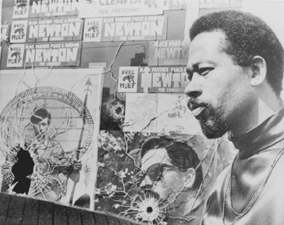 Elridge Cleaver, the Black Panther Partys (BPP) minister of information, outside of BPP headquarters in Oakland in September 1968 after two of the citys police officers fired shots into the building.