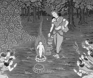 The buddbas birth is depicted with him as a young child, standing on a lotus flower and surrounded by devotees, A dream by his mother before he was born predicted that he would become a great ruler or a great spiritual leader.