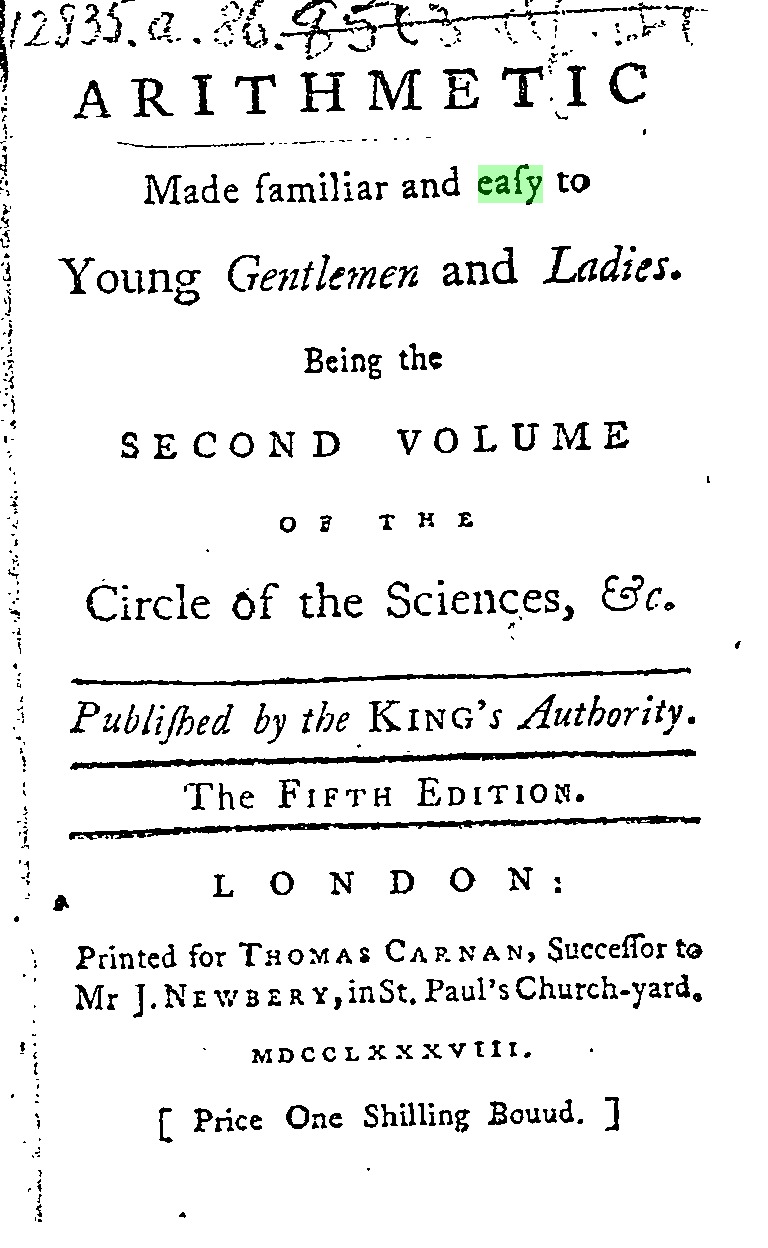 Title page of Arithmetic Made Familiar and Easy to Young Gentlemen and Ladies